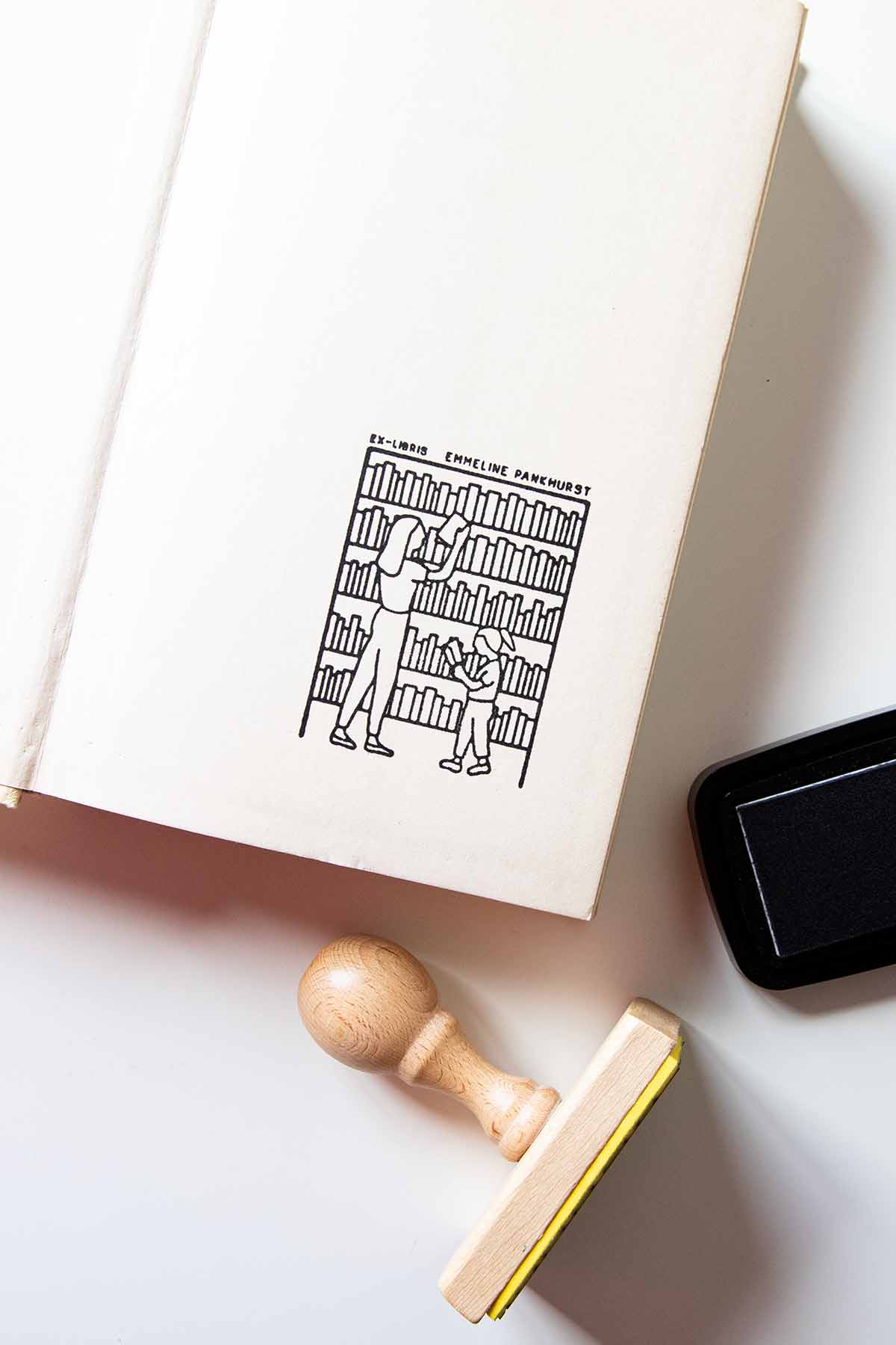 Portadilla de un libro estampada con una mujer y una niña cogiendo libros de una biblioteca y sello