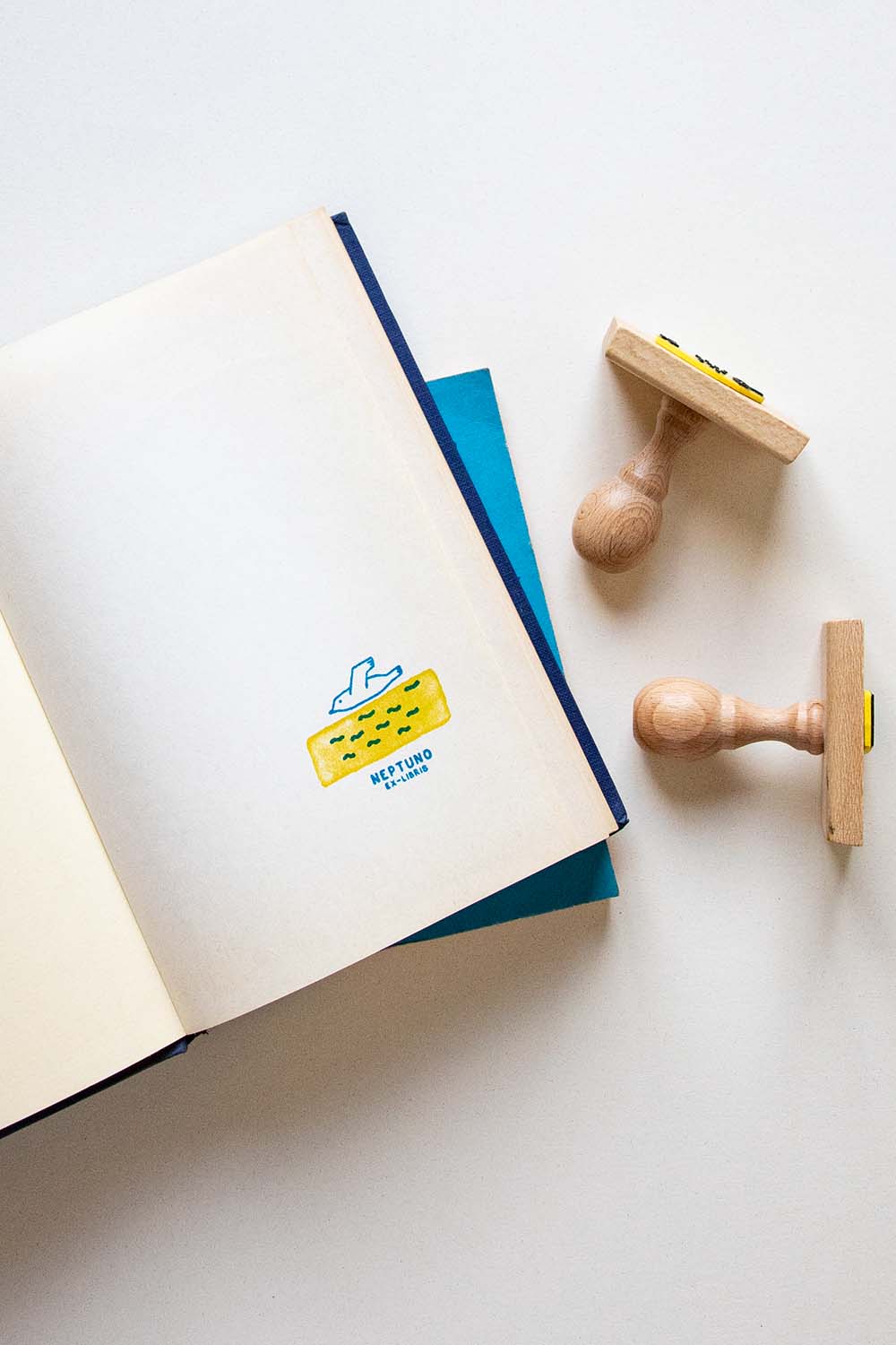 Portadilla de libro estampada con una gaviota volando encima del horizonte y sellos