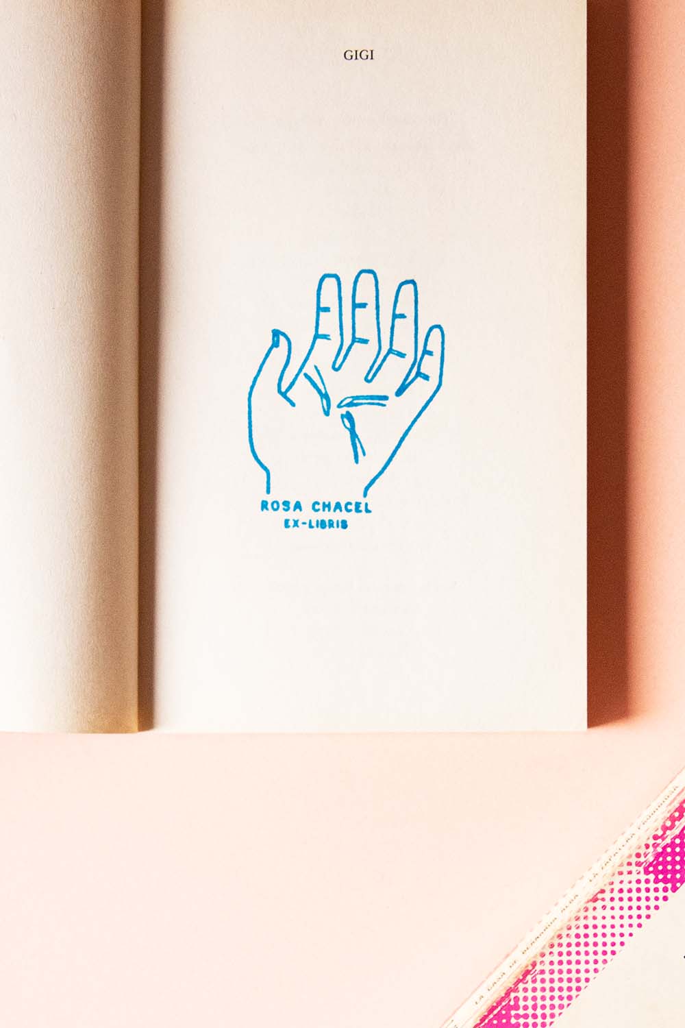 Portadilla de libro estampada con sello exlibris de una mano con semillas