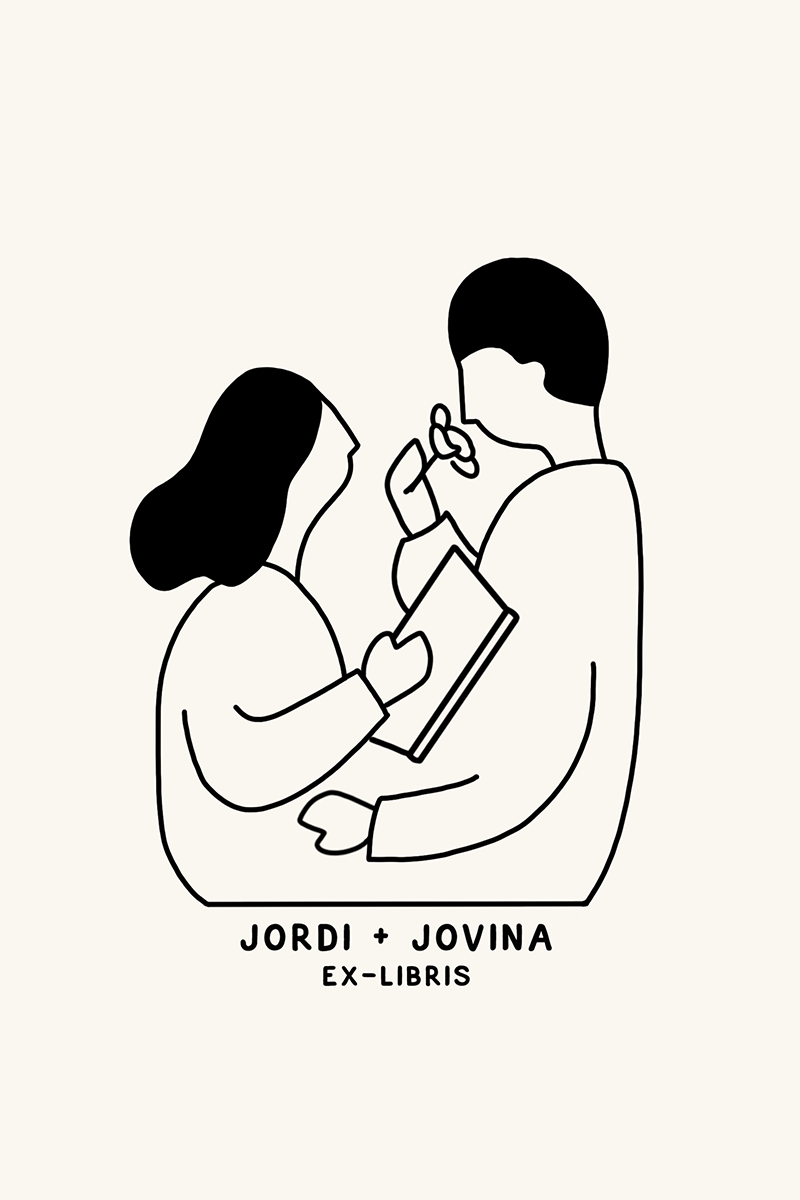 Dibujo de una pareja leyendo un libro y oliendo una rosa