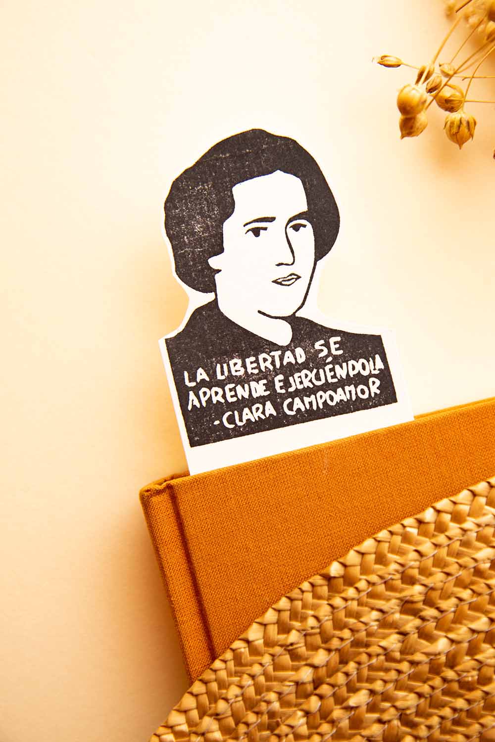 Marcapáginas Clara Campoamor dentro de un libro