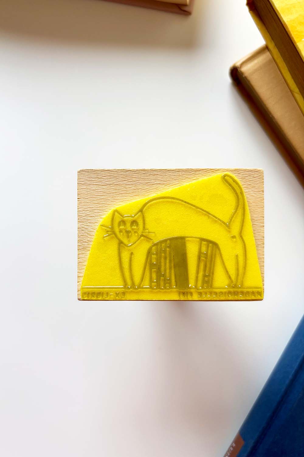 Sello ex-libris de un gato encima de unos libros