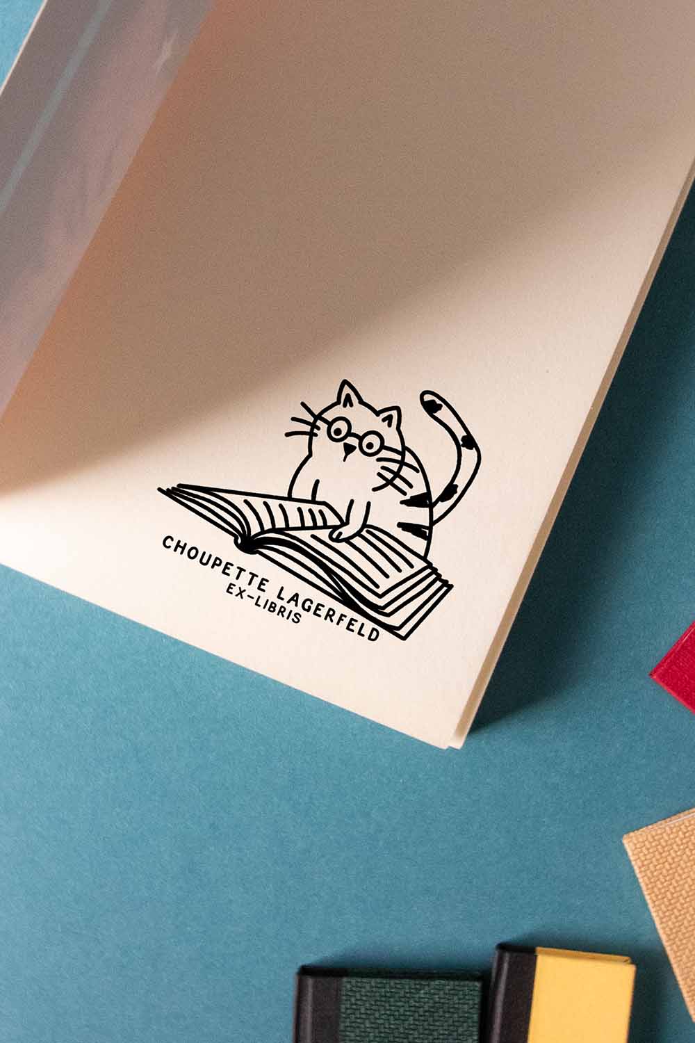 Portadilla de libro estampada con un gato leyendo con gafas